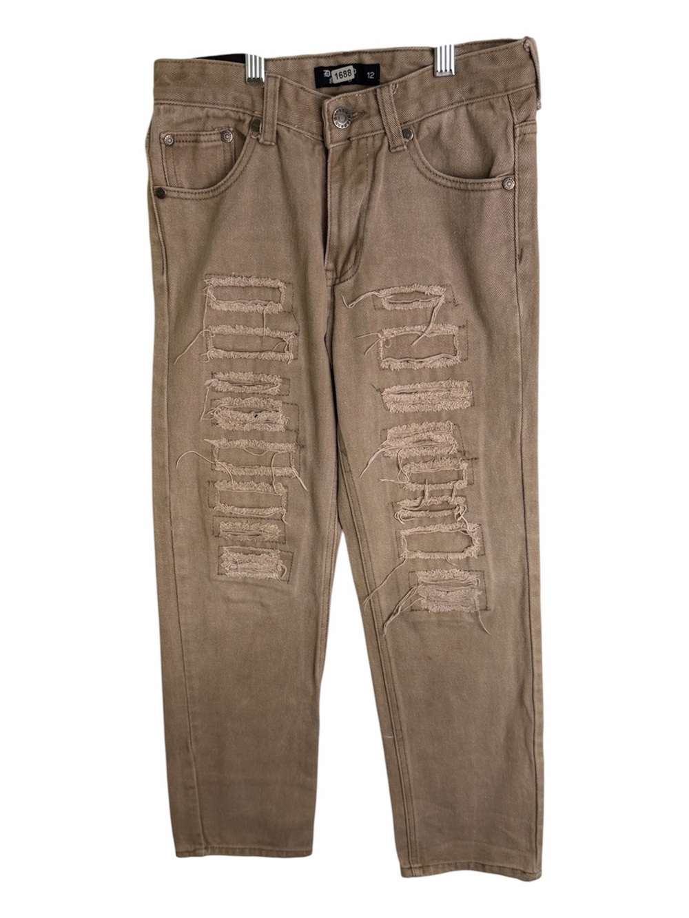 (1688) Diamond Slash Girls Tan Distressed Ripped Skinny Jeans, Size: 12